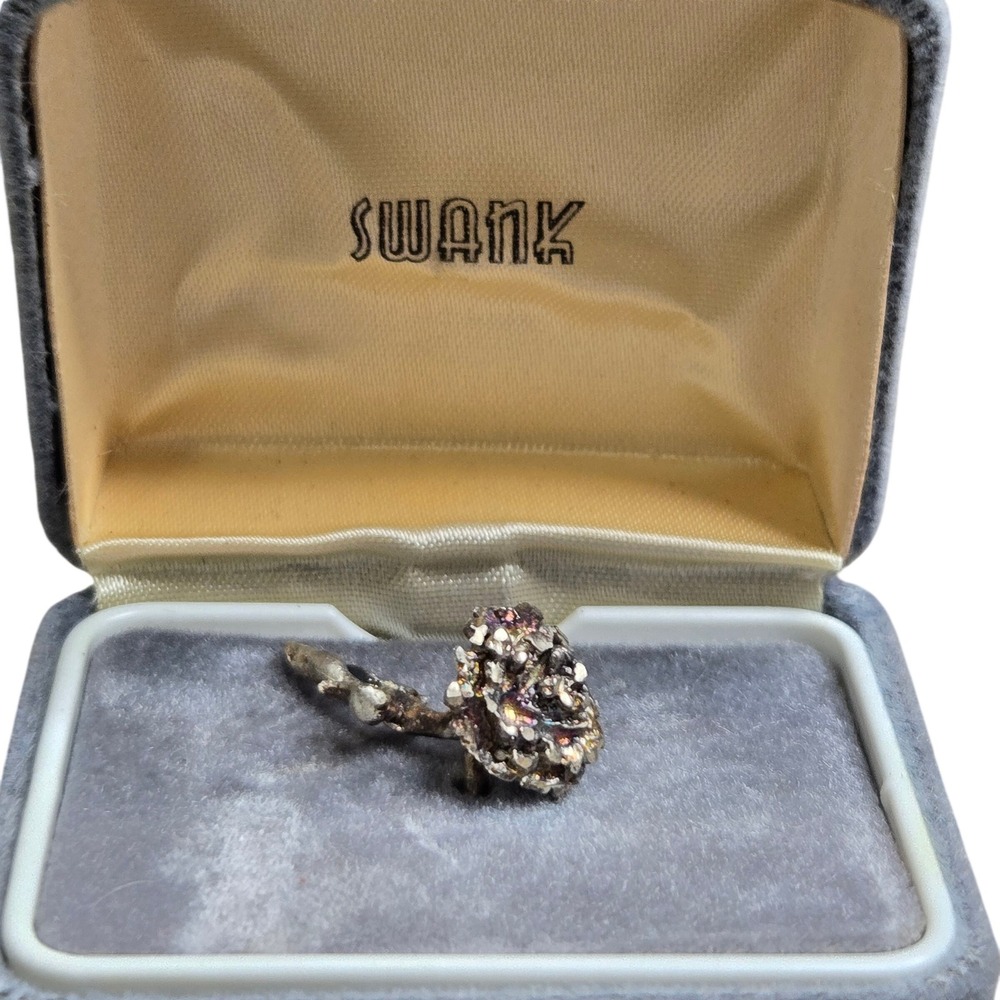 Vintage Swank Brutalist Iridescent Pyrite Druzy Flower Rose Tie Tac Pin Boxed